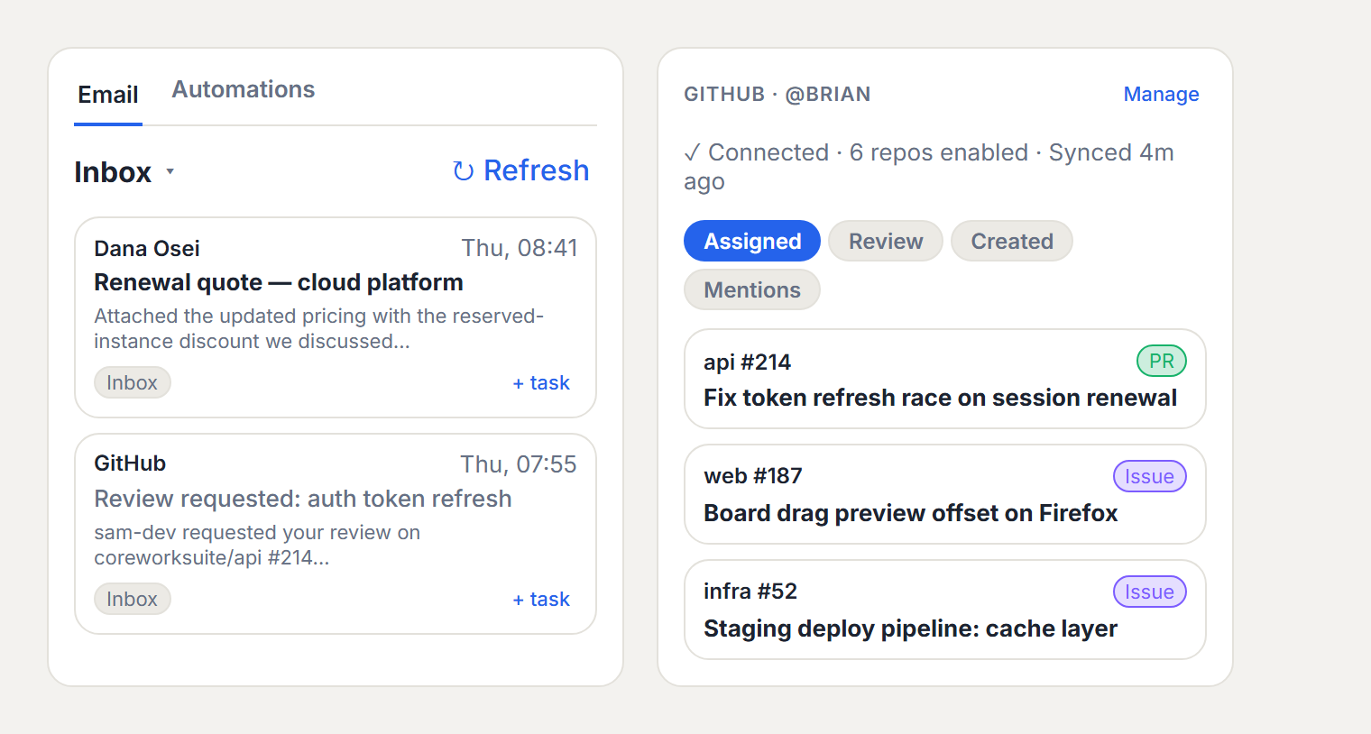 Gmail and GitHub panels rendered natively inside CoreWorkSuite.